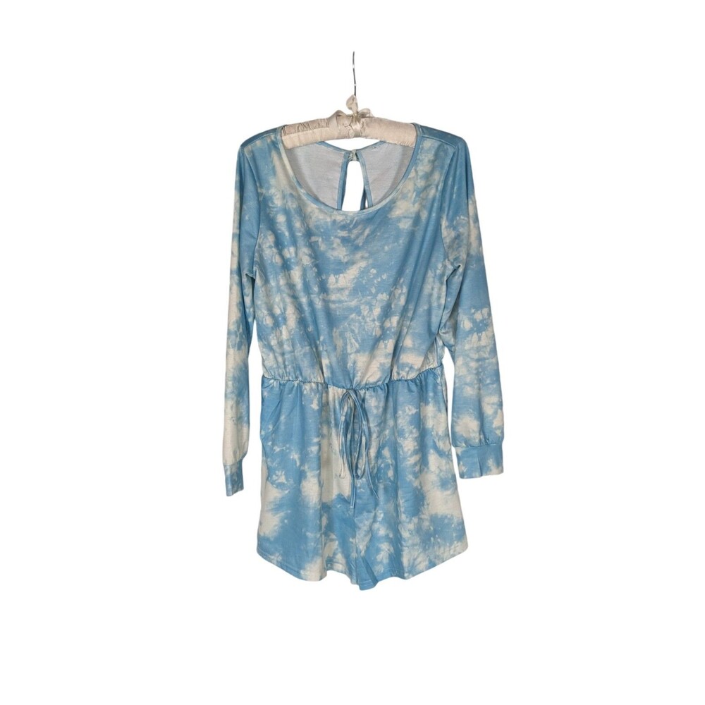 White Lotus Romper L Blue White Cloud Tie Dye Long Sleeve Lounge VSCO Girl